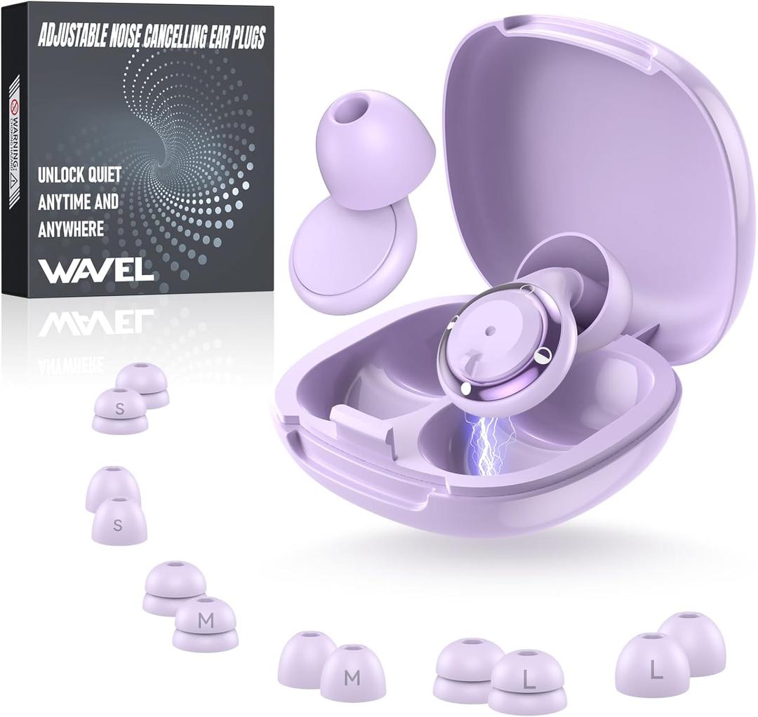 WAVEL Adjustable Ear Plugs for Sleeping Noise Cancelling - 3 Modes Noise Reduction EarPlugs (17-35dB) for Snoring, Travel & Concerts | 7 Pairs Silicone Tips (XS/S/M/L) | Magnetic Carry Case | Purple