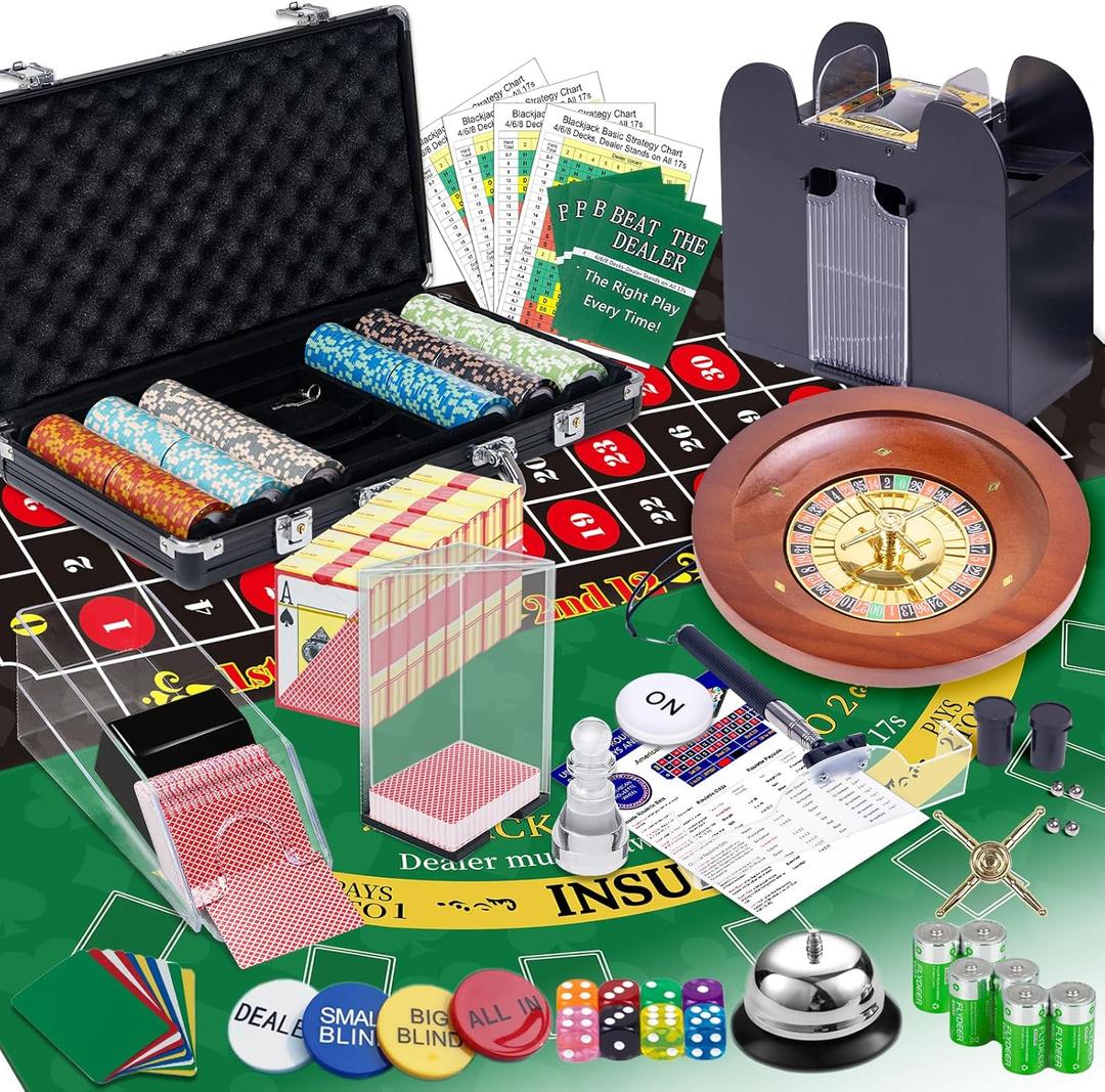 5 in 1 Super Pro Casino Game Set: Blackjack/Texas Hold'em/Roulette/Craps/Poker Kit, 10" Wooden Roulette Wheel, Carrying Case with 300 Clay Chips, 6 Deck Shuffler, 2 Double-Sided Rubber Mat And More
