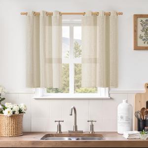 2LAMIT Short Linen Curtains 40 Inch Length for Kitchen, Semi Sheer Light Filtering Window Curtains Farmhouse Boho Bronze Grommet Panels for Cafe/RV Camper, Linen, 2 Panels, 34 x 40 Inch