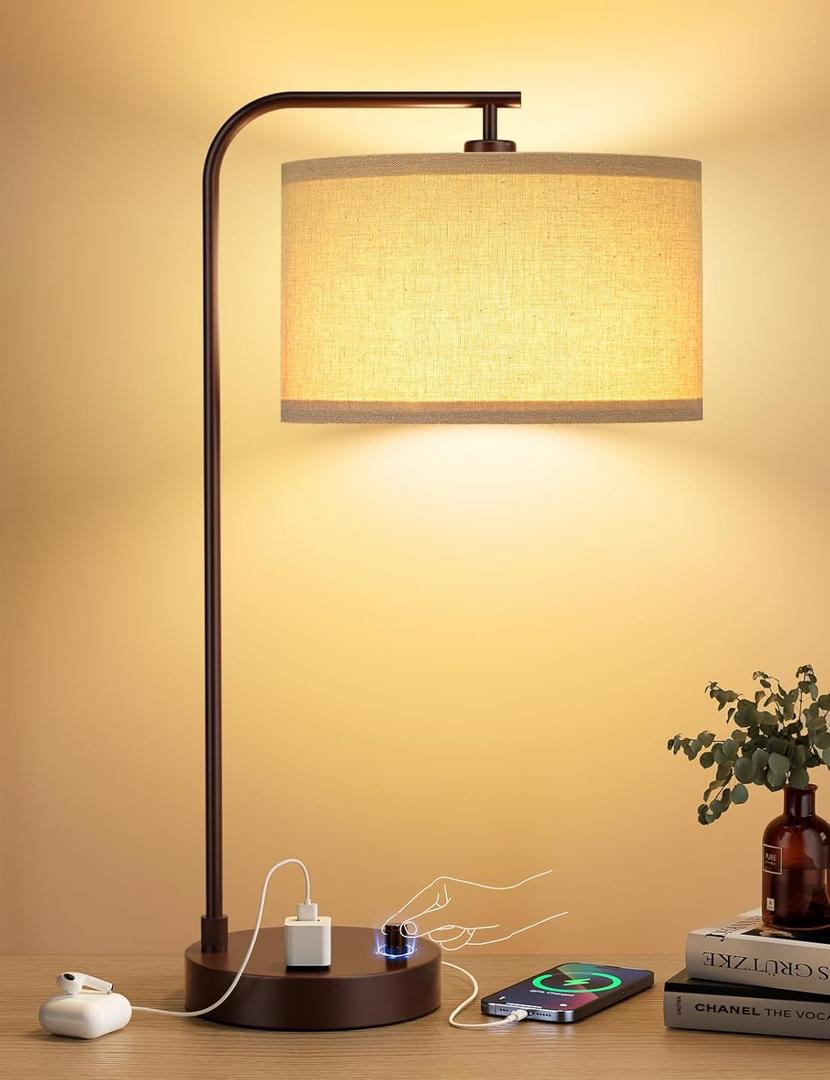 Brown Side Table Lamp with USB Port and Outlet, Dimmable Nightstand Bedside Lamps with Linen Lampshade, Desk Lamp for Bedroom, Living Room, Guest Room, Home Office, LED Bulb Included Brown Side Table Lamp with USB Port and Outlet, Dimmable Nightstand Bedside Lamps with Linen Lampshade, Desk Lamp for Bedroom, Living Room, Guest Room, Home Office, LED Bulb Included