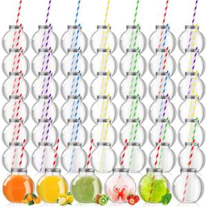Yaomiao 48 Pcs 10 oz Mini Plastic Fish Bowl Ornament Cups for Drinks Clear Spherical Potion Bottles with Lids and Straws Bulb Cups for Christmas Carnival Candy Party Decorations (Multicolor)
