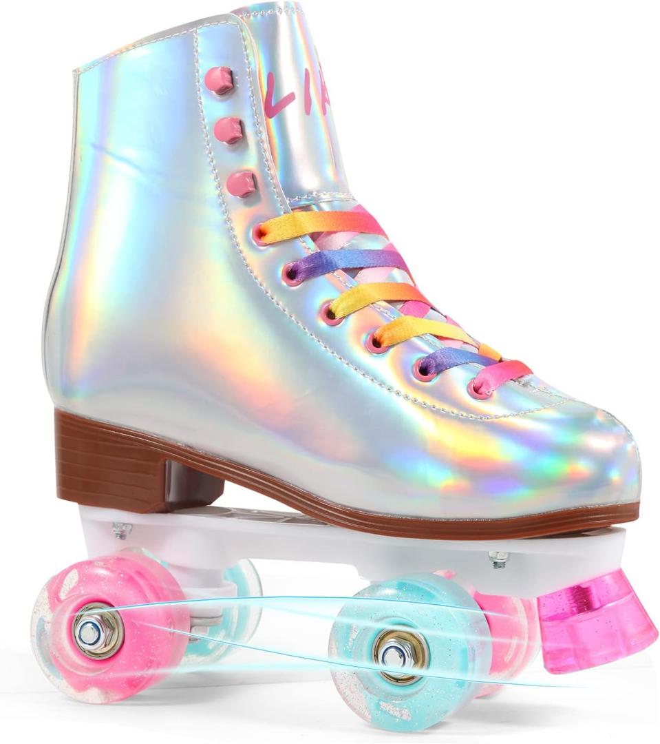 LIKU Quad Roller Skates for Girl and Women with All Wheel Light Up,Indoor/Outdoor Lace-Up Fun Illuminating Roller Skate for Kid 1-2