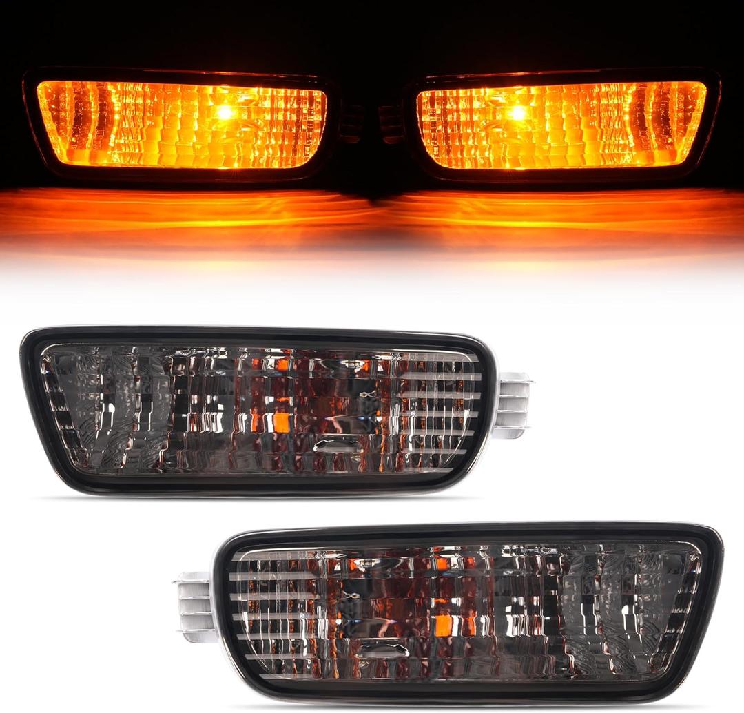 HECASA Pair Turn Signal Light w/Bulbs Compatible with 2001-2004 Toyota Tacoma Replacement for TO2531140 TO2530140 Front Bumper Turn Signal Parking Lamp Smoke Lens Driver & Passenger Side