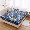 Bedding Fitted Sheet with Deep Pocket,Dino Printed Thicken Soft Fabric Bed Sheets (Navy Blue(Dinosaur), Queen)
