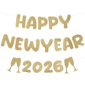 Yeaqee Happy New Year Banner 2026 Glitter Pre-strung Banner 10 Feet for New Year Sign Party Decoration, 2026 Party Supplies(Champagne Gold)
