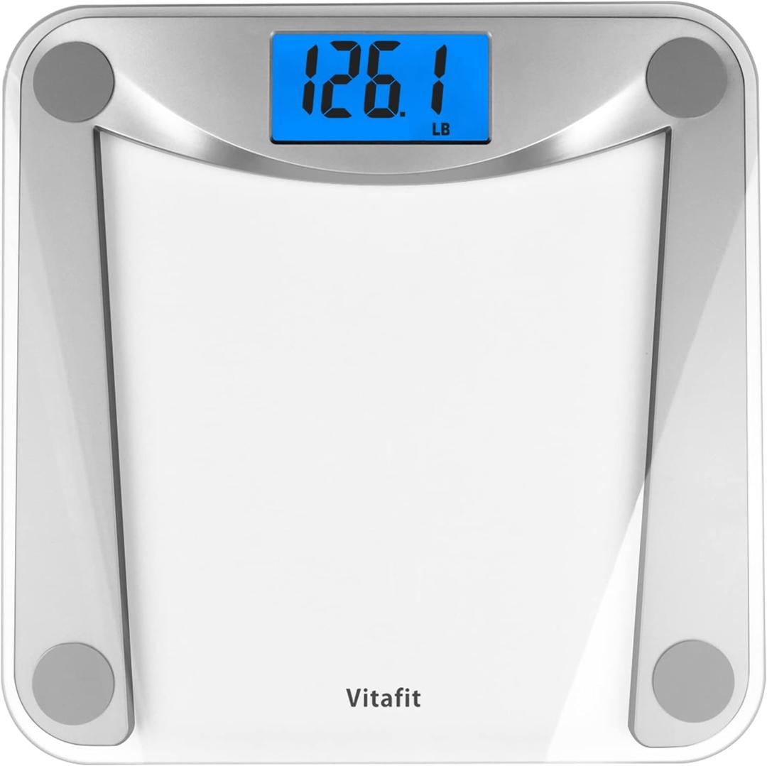 Vitafit Digital Bathroom Weight Scale for Body Weight, High Accuracy Assured by Weighing Professional Since 2001,Extra Large Blue Backlit LCD and Step-On, 400lb/182kg, Clear Glass