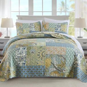 NEWLAKE Quilt Set California King Size, 100% Cotton Patchwork Green Bohemian Quilt Sets, Reversible Bedspread Lightweight and Breathable for All Seasons, Soft Quilted Bedspread with 2 Pillowcases (Bohemian Floral)