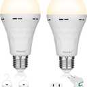 Ostwiki 2 Pack Rechargeable Light Bulb,Emergency Light Bulbs for Power Outage Hurricane Camping 9W E27 3000K Warm 1200mAh Battery Backup Soft Light Bulbs for Lamps,Battery Bulb