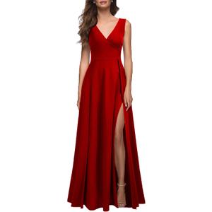 MUSHARE Women's V Neck Sleeveless Split Formal Dress Cocktail Party Prom Long Dresses (Red)