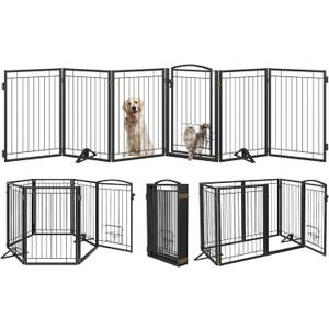 Metal Free Standing Dog Gate with Cat Door for Indoor/Outdoor,120" Extra Wide Foldable Pet Gate,32" Tall Foldable Indoor Dog Fence for Large Openings Stairs, Deck, Yard, Doorways (6 Panels, Black)