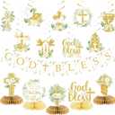 Gold Baptism Decorations, Glitter God Bless Banner Hanging Swirls Honeycomb Centerpieces for Baby Shower Birthday First Communion, Baptism Party Supplies