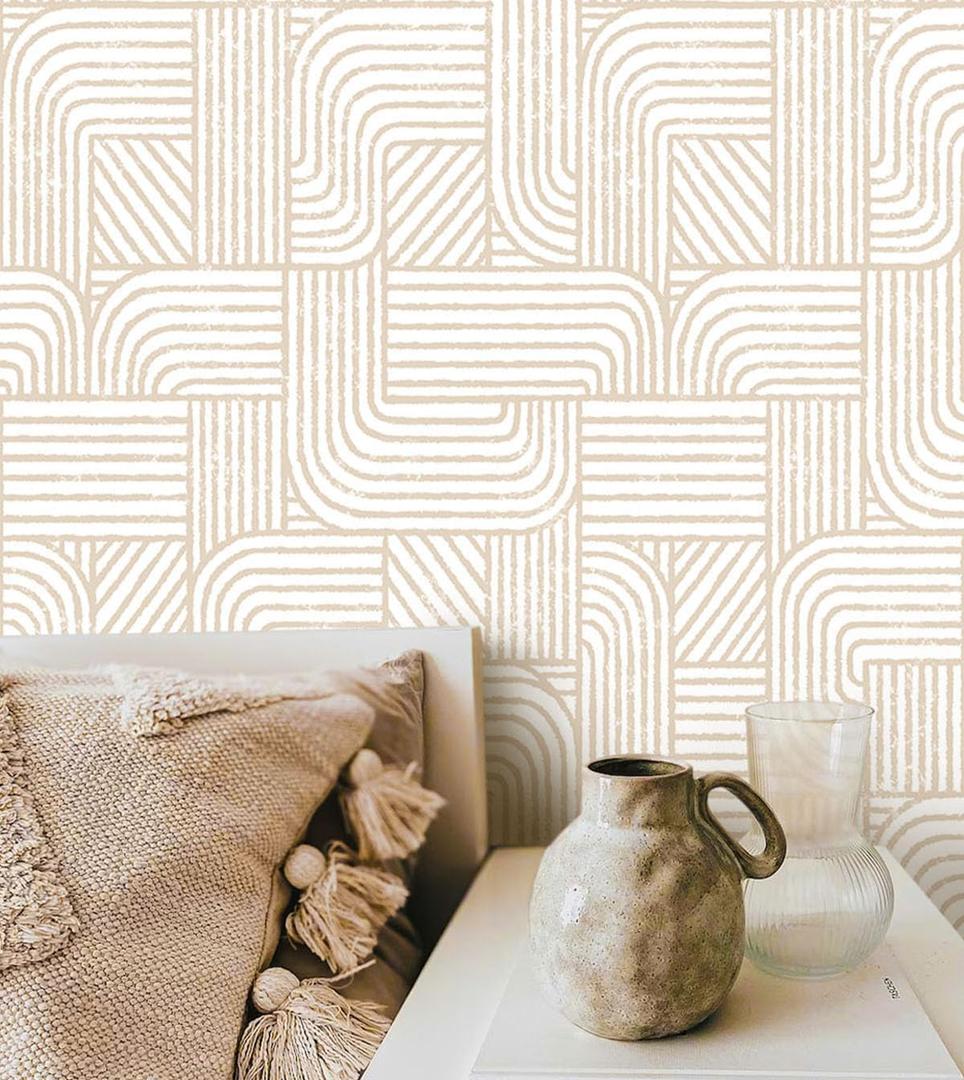 Modern Peel and Stick Wallpaper Boho Contact Paper for Cabinets Drawers 17.3inW 393inL Beige and White Striped Geometric Self Adhesive Wallpaper for Bedroom Bathroom Wall Decor Neutral Vinyl