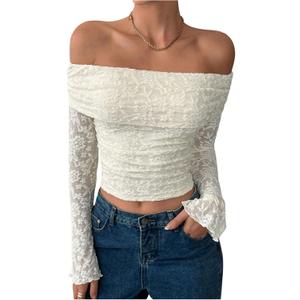 SOLY HUX Women's Floral Lace Off The Shoulder Tees Long Sleeve Shirts Tight Fitted Going Out T-Shirt Crop Tops, Small