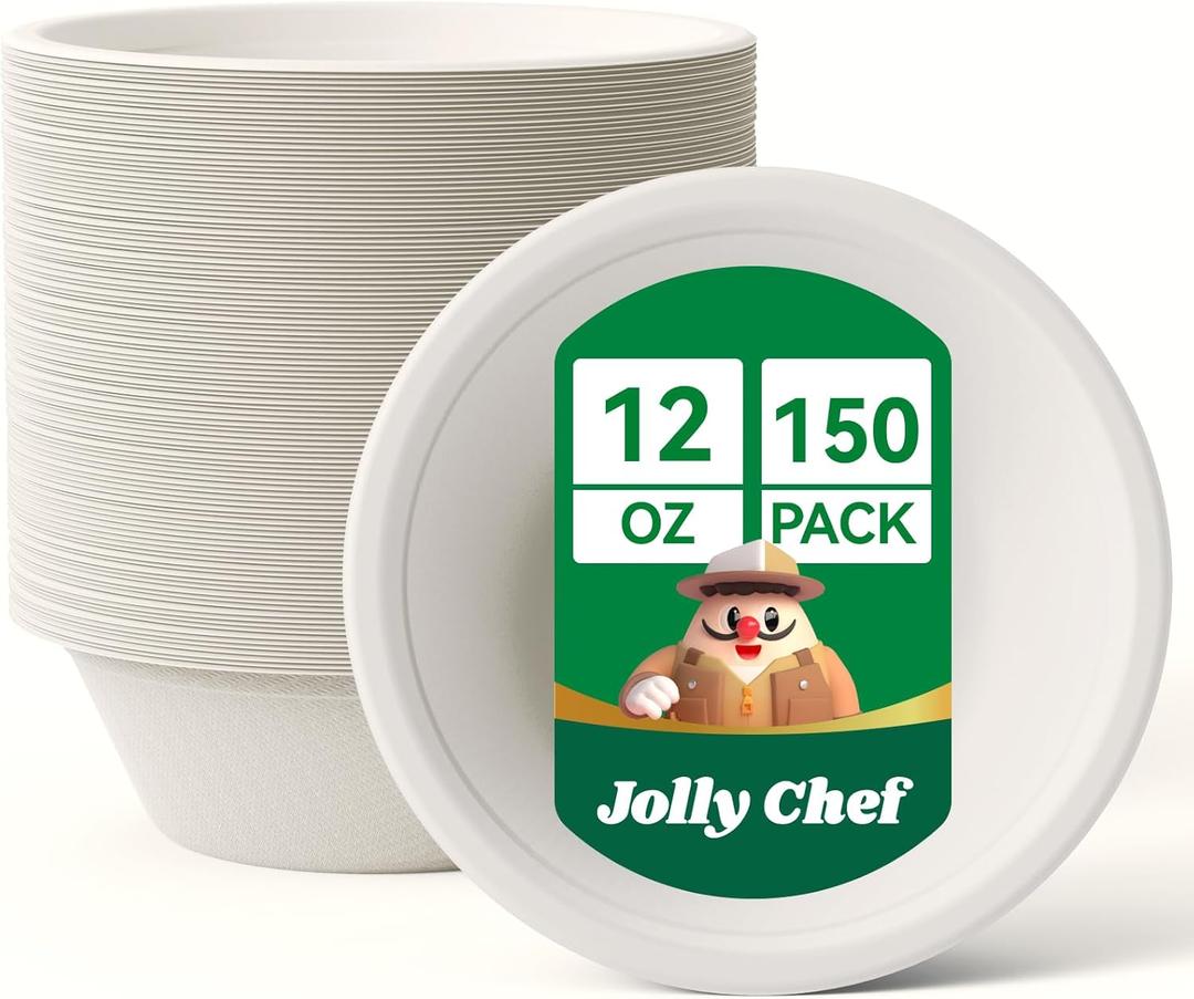 JOLLY CHEF Compostable Disposable Paper Bowl [12 oz] Heavy Duty Soup Containers [150 Pack] Biodegradable Bagasse Hot Cold Food Eco-Friendly Sugarcane Microwavable Bowls for Salad Milk Thanksgiving Day