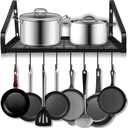 Hanging Pots & Pans Rack,Wall Mounted Pots Pans Organizer Holder Rack with 8 Hooks, Kitchen Wall Storage Organizer Hanger Shelves for Pans Set, Utensils, Cookware, Books, Household,Black