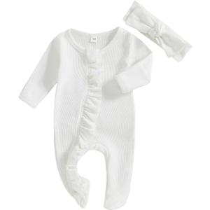 Newborn Baby Romper Infant Girl One-piece Outfit Waffle Ruffle Zip Footie Spring Summer Clothes With Bow Headband 2 pack (0-3 Months, White)
