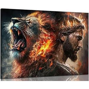 Jesus and Lion Canvas Wall Art lion of judah Christians of God Painting Picture Wall Decor Christian Religious Church Poster Print Artwork for Living Room Bedroom Church Home Decoration 12x16in