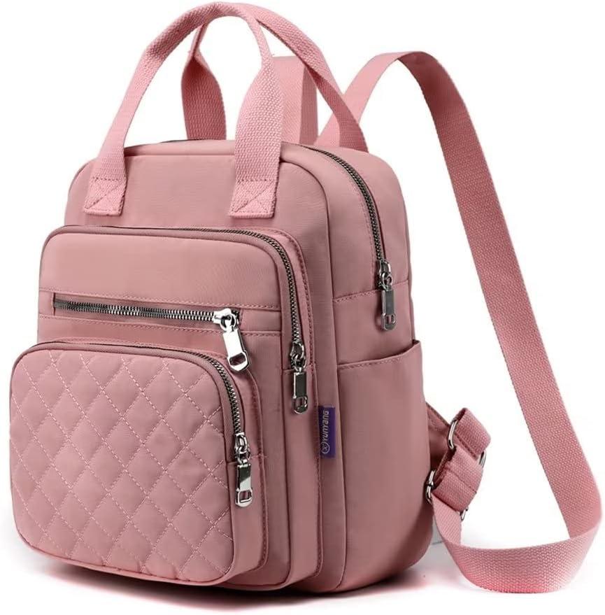 Small Backpack for Women Casual Quilted Square Bag Waterproof Multi Pockets Daypack Lightweight Top Handle Satchel (Pink)