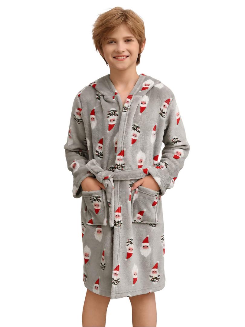 rrhss Boys Fleece Robe Kids Casual Printed Plush Hooded Bathrobe Winter Warm Soft Fuzzy Sleepwear