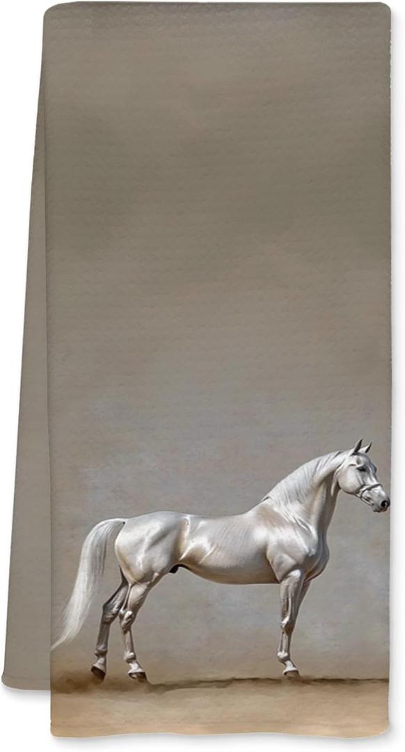 Horse Kitchen Towels, Horse Lover Gifts Decorative Dish Tea Towels for Kitchen, Neutral White Horses Hand Towel for Bathroom Decor, 16x24 Inch