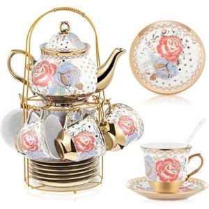 Zhehao 20 Pcs Porcelain Tea Set with Metal Holder and Spoon Adult Ceramic Tea Party Set European Flower Painting Teapot Cup Saucer Spoon Set for Women, Large Version(Romantic Style)