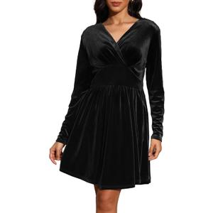 Jayscreate Women's 2024 V Neck Velvet Dress Pocket Long Sleeve Fall Winter Wrap Tunic Short Party Wedding Guest Dress (Black, M)