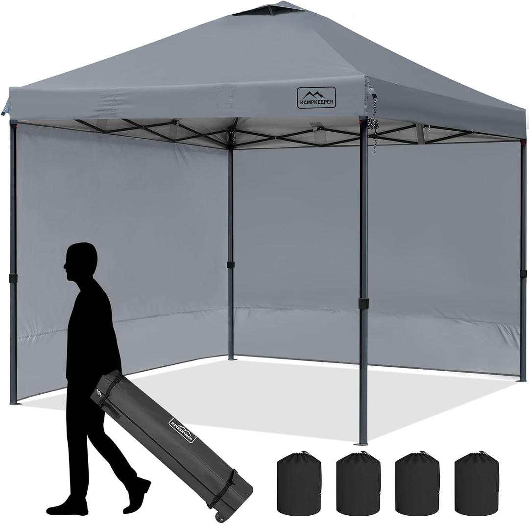 KAMPKEEPER 10x10 Pop-Up Canopy Tent, Waterproof, Portable Shade with Side Walls, Adjustable Instant Outdoor Shelter for Camping, Backyard, and Events, Grey
