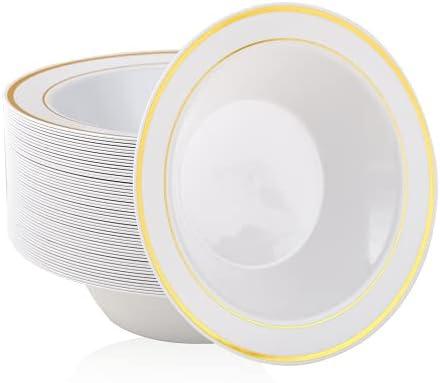 JOLLY PARTY 50PCS Plastic Bowls with Gold Rim-12oz disposable Soup Bowls, Christmas Thanksgiving Premium Dessert Salad Bowl for Wedding/Party