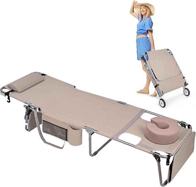 Tanning Chair with Wheels and Face Hole, Thicker, Washable, Adjustable, Heavy Duty Folding Lounge Chair, for Outdoor Sunbathing, Sunbathing, Reading, Poolside