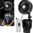 2 in 1 USB Fan Cup Holder Expander, 6Inch Portable Vehicle Cooling Fan, 360 Degree Rotatable, 2 Speed, USB Powered for Car, Vehicle, SUV, RV, Truck, Office