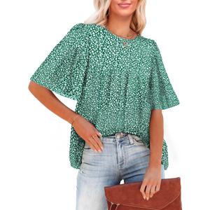 luvamia 2025 Blouses for Women Dressy Casual Floral Boho Babydoll Flowy Tops Summer Short Bell Sleeves Shirts (Green, L)