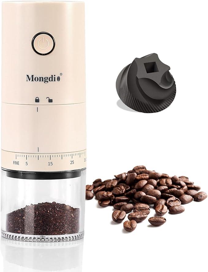 Mongdio Portable Electric Coffee Bean Grinder with 38 Adjustable Settings, Rechargeable Coffee Grinders for Home Use, Coffee Grinder for Travel - White