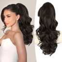 ALXNAN Ponytail Extension,18 Inch Claw Clip in Long Curly Wavy Black Brown Ponytail Hair Extension Jaw Clip on Pony Tails Hairpiece for Women