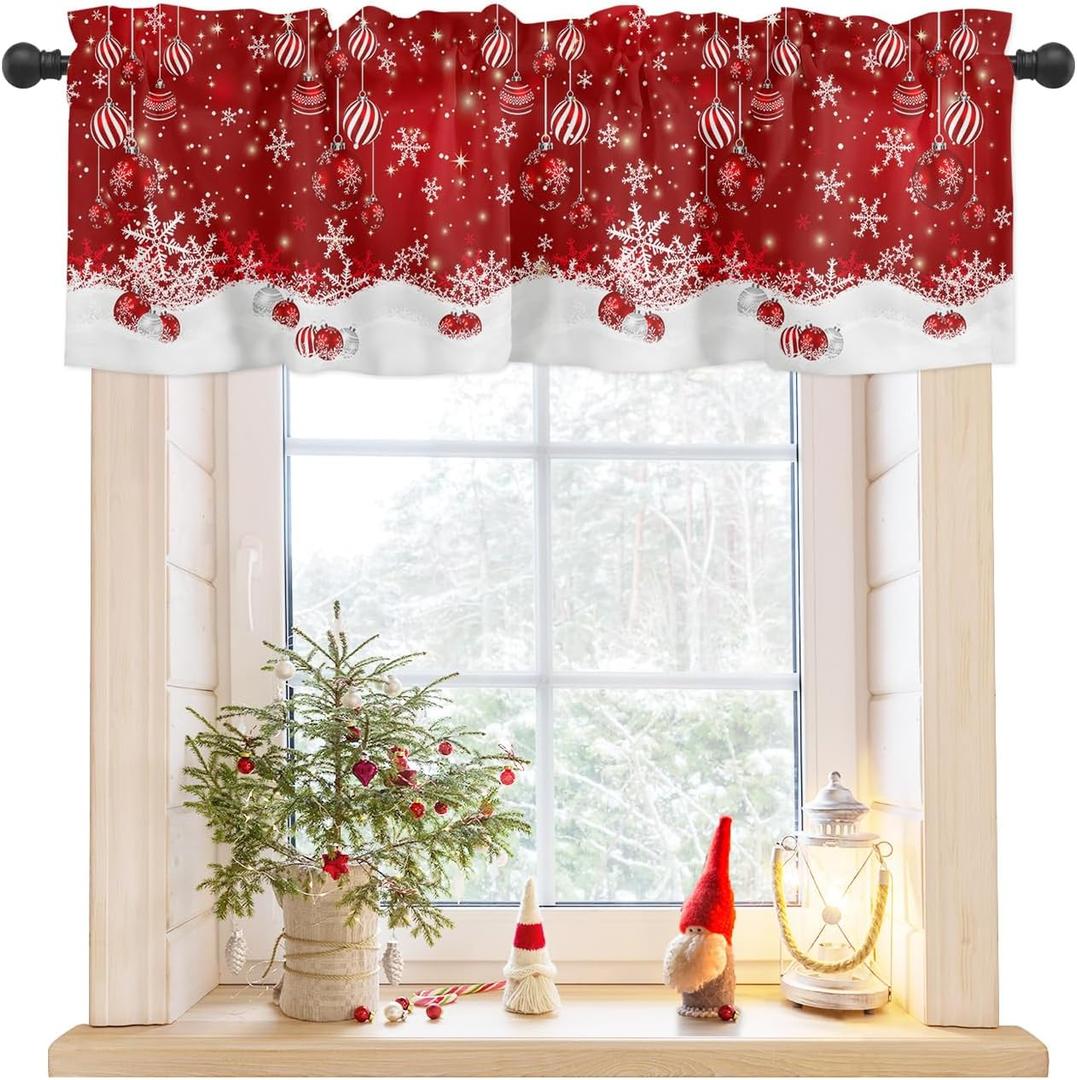 Christmas Window Valance Winter Snowflakes Window Treatment Merry Christmas Ball Ornaments Rod Pocket Curtain Valance,54x18 inch Xmas Snowflake Sparkle Red Kitchen Valance for Bathroom Cafe