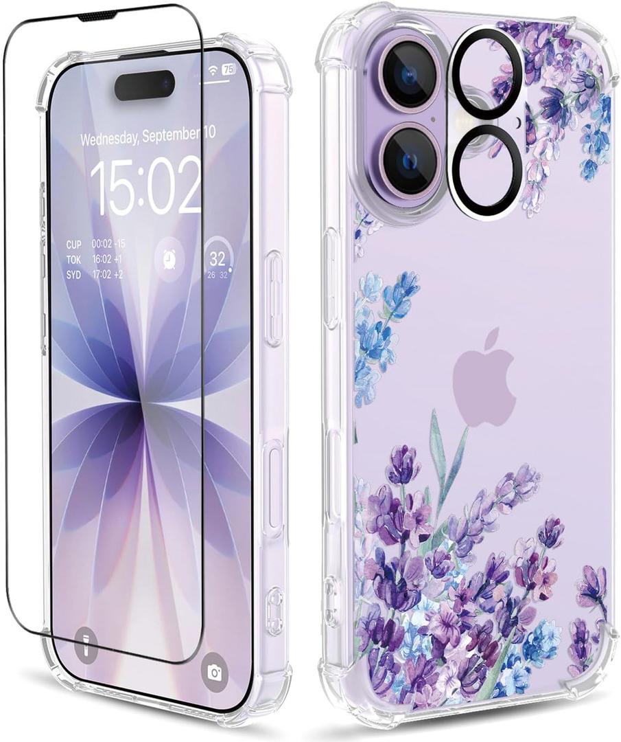 for iPhone 17 Case,[3 in 1] with Screen Protector & Camera Lens Protector, Flower Pattern Design,Clear Soft Shockproof Slim Floral Phone Cover for Women Girls 2025 6.3" (Lavender/Purple)