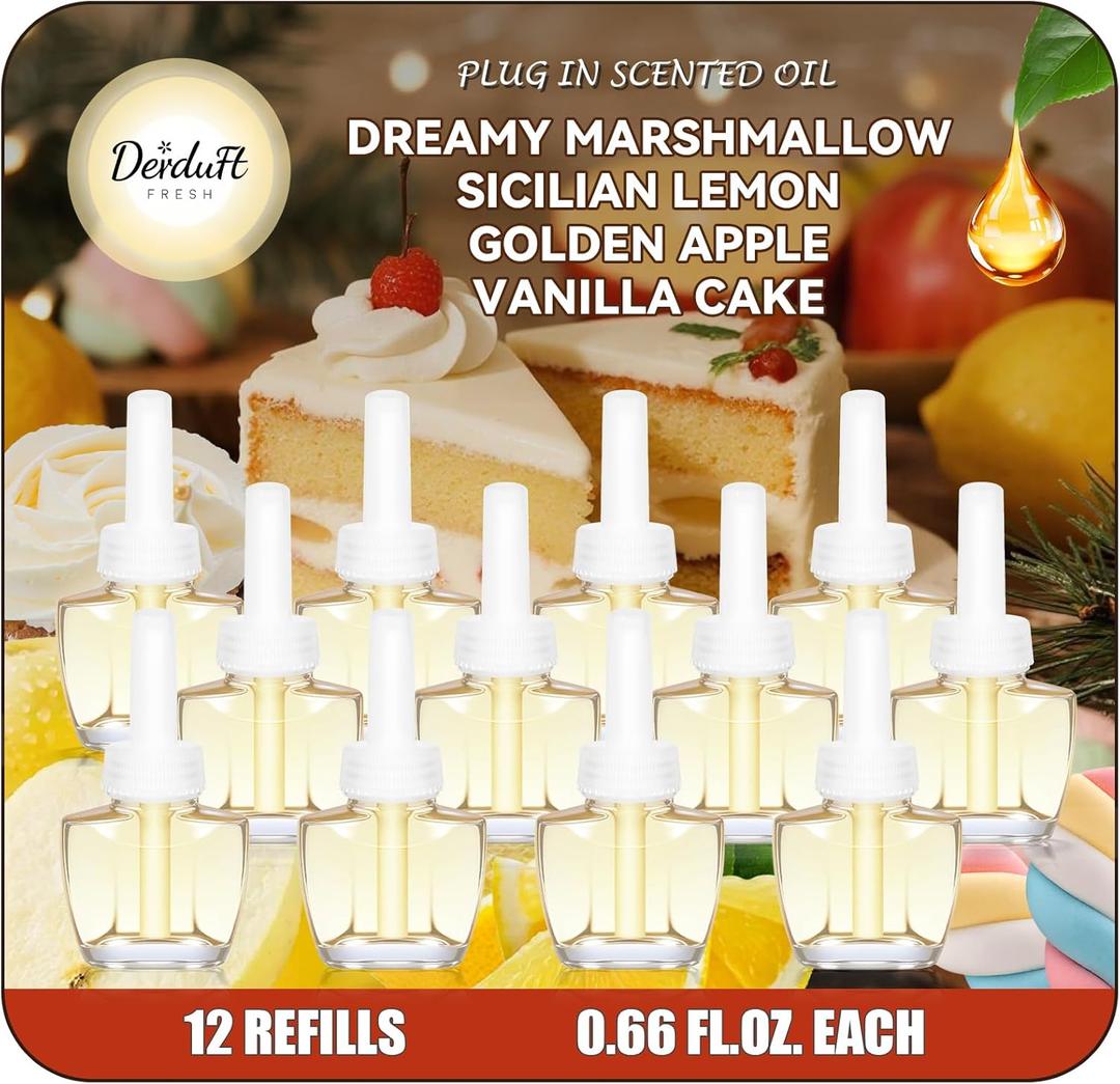 Plug in Refills Air Freshener  12 Pack Wall Plug-In Refill, Dreamy Marshmallow, Sicilian Lemon, Golden Apple, Vanilla Cake, 7.92 Fl Oz, Compatible with Air Wick & Glade, Not Include Glade Plus
