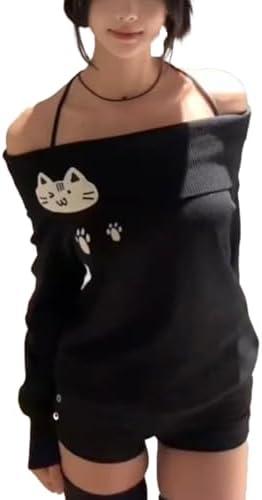 Women Y2K Off Shoulder Strap T-Shirts Cute Graphic Casual Long Sleeves Tops Kawaii Ribbing Trendy Outfits (X-Large, Black)