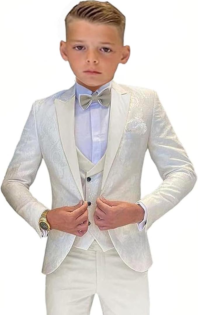 SAROULU Boys Formal Suit Wedding Tuxedo 3 Pieces Floral Jacket Pants Vest Kids Party Blazer (White) 7T