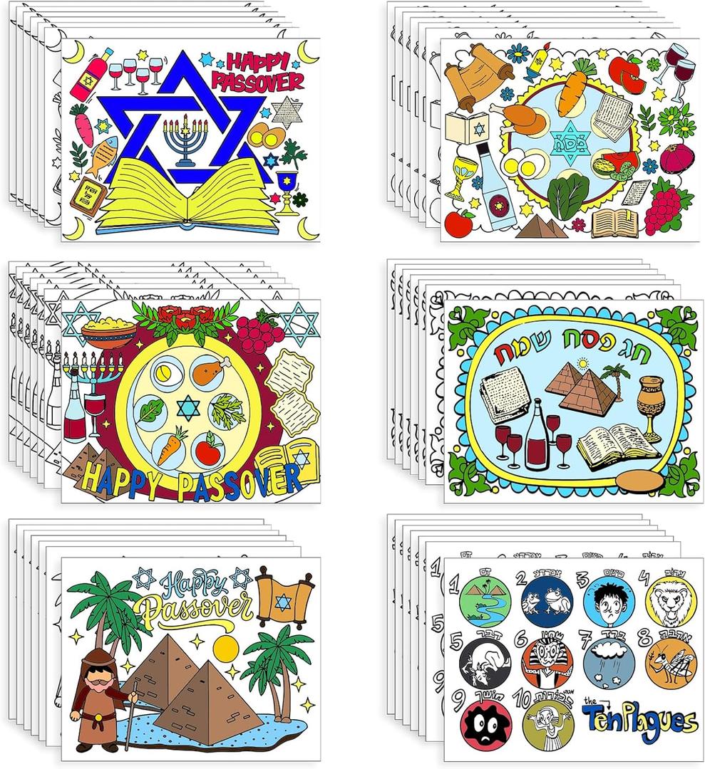 5 x 42 Pcs Passover Coloring Placemats Disposable Table Mats with Pens DIY Passover Coloring Paper Mats Table Passover Decors for Pesach Holiday Passover Theme Dinner Party Supplies
