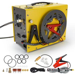 PCP Air Compressor, Auto-stop Powered by DC 12V Car or Home AC 110V/220V, 4500Psi/30Mpa/300Bar Oil/Water Free,Wire Spool Portable Design,PCP Compressor for Paintball, Scuba, Air Rifle