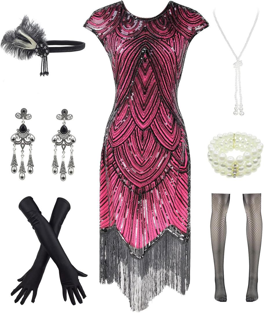 Letter Love Womens Vintage Lace Fringed Gatsby 1920s Cocktail Dress with 20s Accessories Set (Small, Hot Pink)