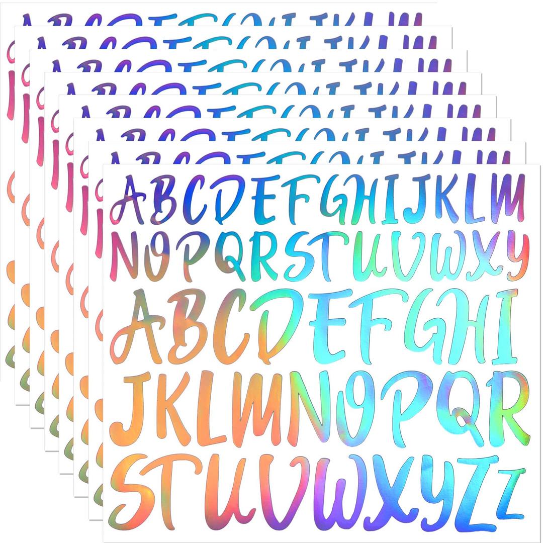 TaoBary 416 Pcs Laser Letter Stickers 8 Sheets Alphabet Stickers 2 Size Vinyl Cursive Self-Adhesive Letter Personalized Decor for Water Bottle Scrapbooking Craft(1", 1.5'', Silver A)