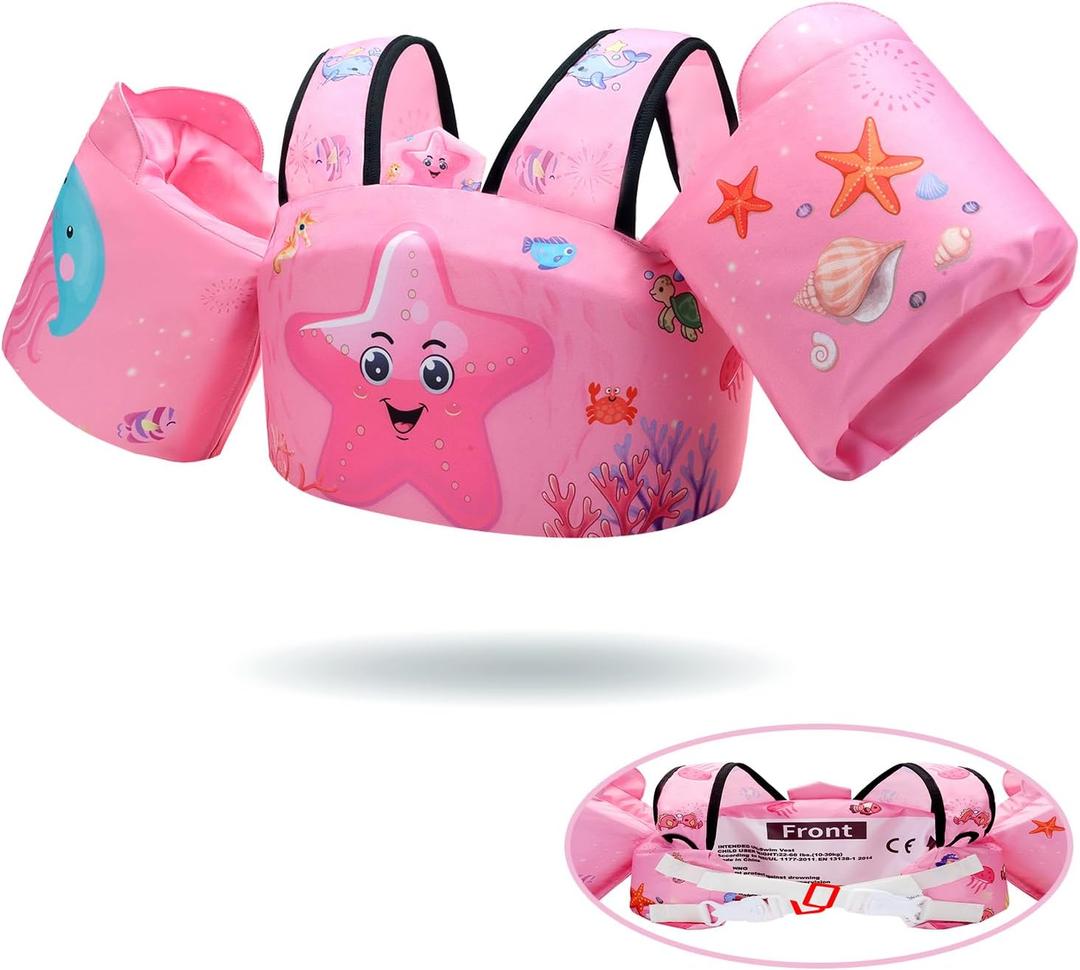 Toddler Floaties Kids Swim Vest for 22-66 Pounds Boys-Girls Water Wings Kids Pool Floaties for 2-6 Years Old Child Swim Learning Trainning (Pink-Starfish)