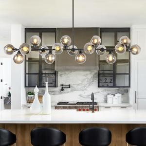 Modern Linear Chandelier Large Linear Chandeliers for Dining Room Black Dining Room Light Fixtures Over Table with Smoke Gray Open Glass 17 Lights Globe Glass Chandelier for Kitchen Island 75 Inch ETL