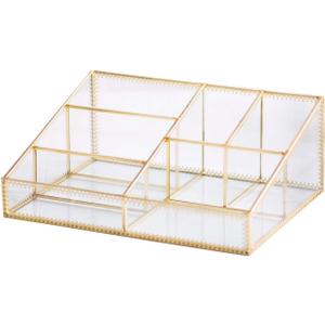 Makeup Organizer Antique Countertop Cosmetic Storage Box Glass Beauty Display, Gold Spin Large Capacity Holder for Brushes Lipsticks Skincare Toner