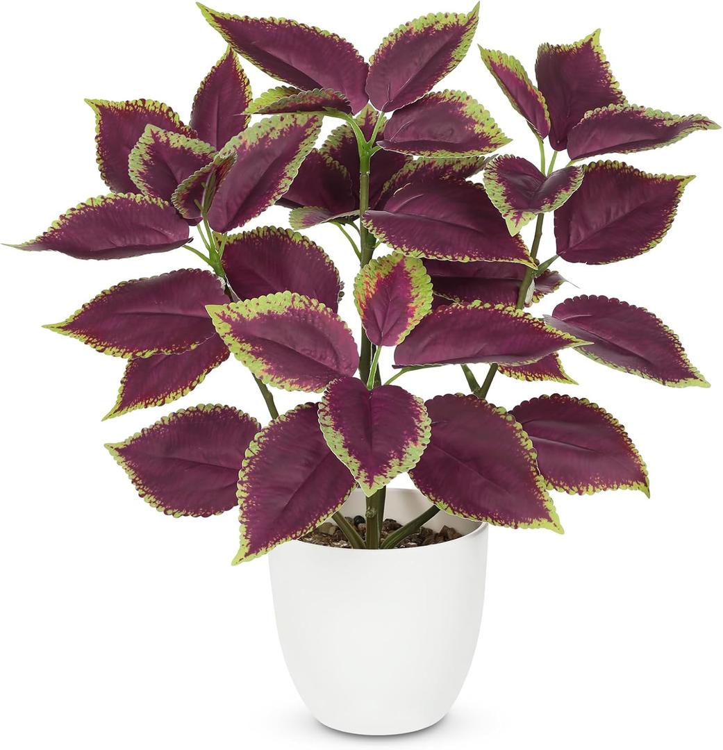 Artificial Plants Indoor 14.2" Small Fake Perilla Plant in Pot Potted Plants Artificial Decor Faux House Plant with White Pot for Farmhouse Home Office Bathroom Living Room Table Shelf Decor (Dark Purple)