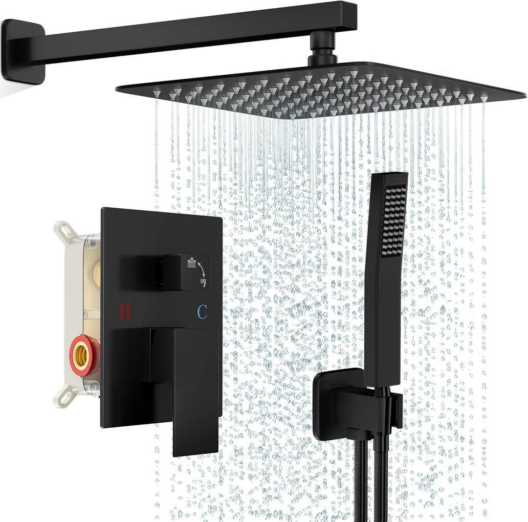 FPXRNG Black Shower Faucet Set, Rainfall Shower System with Square Shower Head and Handle Set, Wall Mounted Shower Fixtures, Full Metal Trim Repair Kit 10 inch Matte Black (With Shower Valve)