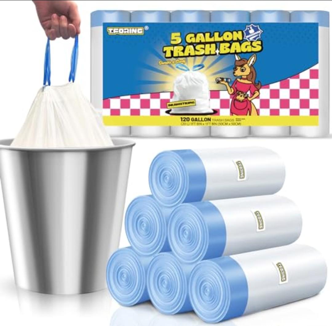 T.FORING 5 Gallon Trash Bags Drawstring 1.1 Mil - 120 Count 18 Liter Small Garbage Bags for Bathroom, Strong Unscented White Plastic Wastebasket Bin Liners for Kitchen Office Toilet and Bedroom