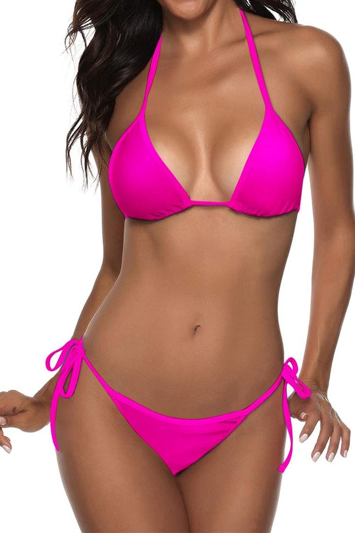 Women Two Piece Swimsuit Sexy Swimwear Halter String Triangle Bikini Sets (Medium, Rose Red)