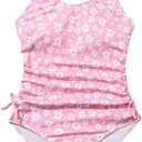 OYOANGLE Girl's Cute Spaghetti Straps Round Neck Drawstring One Piece Swimwear Tie Bathing Suit (13 Years, Pink Floral)